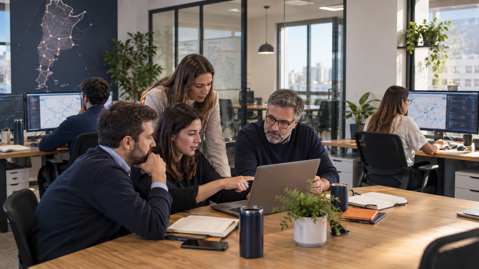 Imagen ilustrativa de un equipo colaborando en una oficina moderna de tecnología