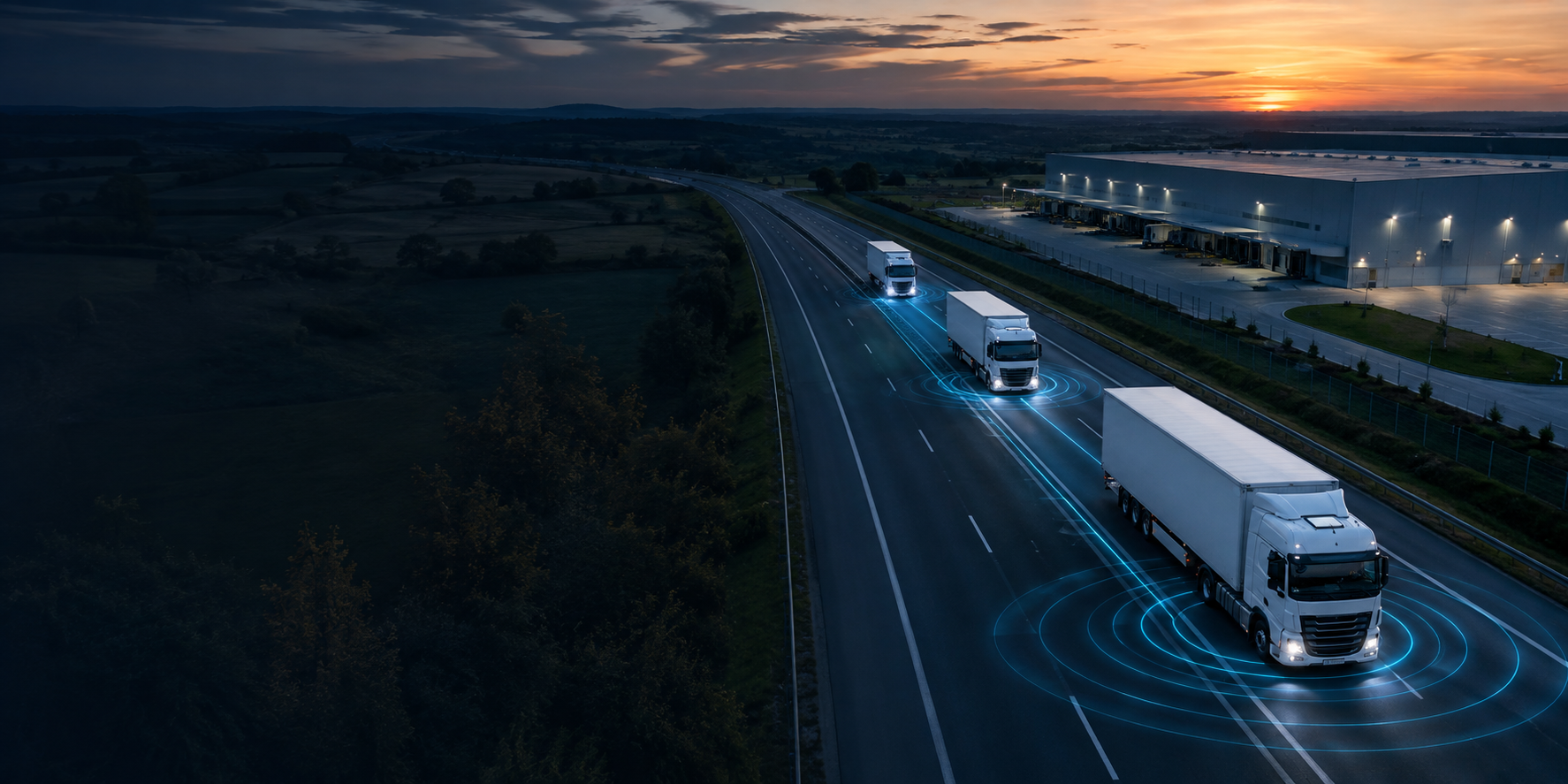 Ilustración de camiones conectados en autopista junto a un centro de distribución